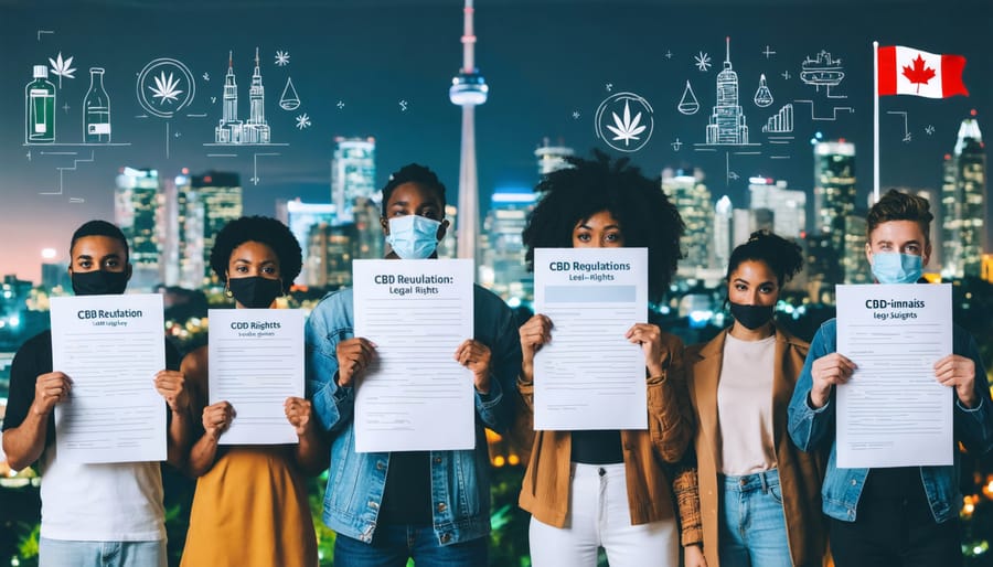 Diverse group of individuals with legal documents in front of Toronto skyline, symbolizing community legal aid for CBD-related issues.