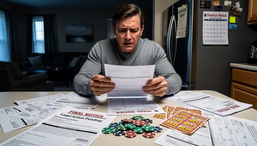 Person reviewing bills and financial documents showing debt-related stress