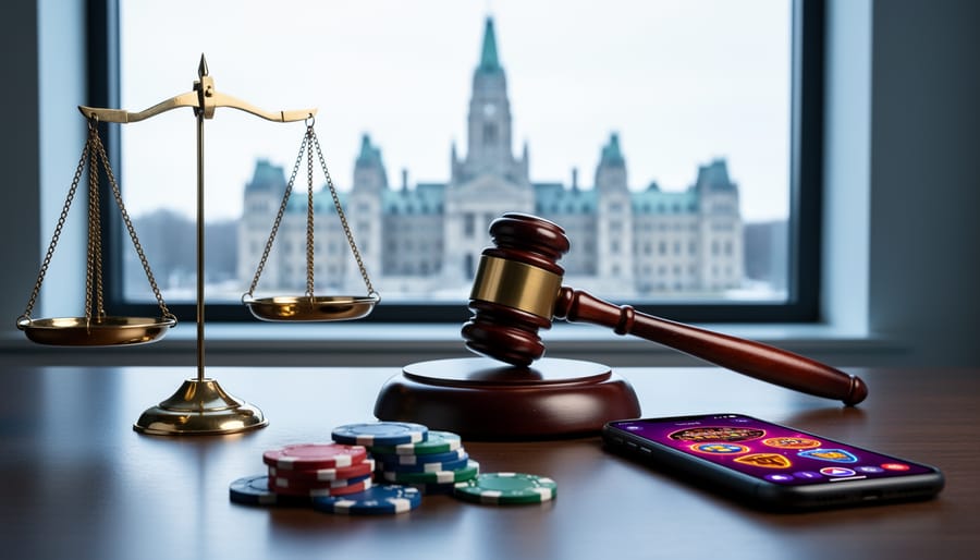 Scales of justice, gavel, and smartphone with subtle casino visuals beside poker chips on a desk, with the Ontario Legislative Building blurred through a window.