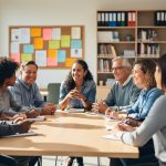 Diverse group of community partners and legal clinic staff sit around a table in a bright community center, engaged in discussion under soft natural light, with a blurred bulletin board and bookshelves in the background.