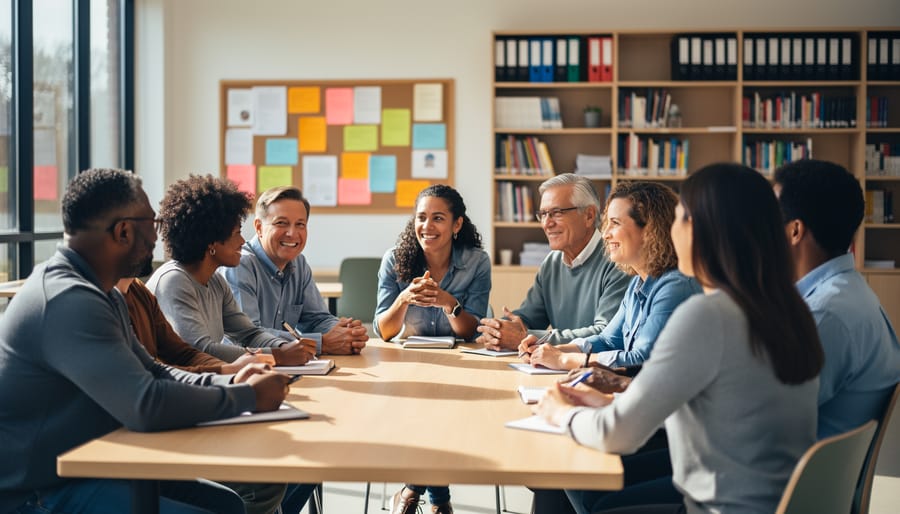 Diverse group of community partners and legal clinic staff sit around a table in a bright community center, engaged in discussion under soft natural light, with a blurred bulletin board and bookshelves in the background.