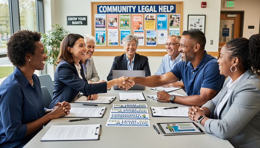 Community workers and legal clinic staff members collaborating in partnership meeting
