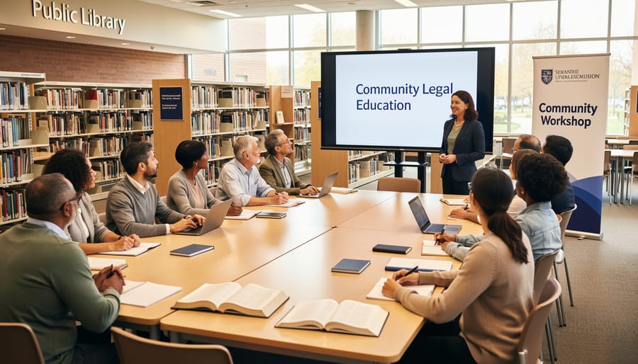 Legal clinic staff leading educational workshop at public library with diverse community participants