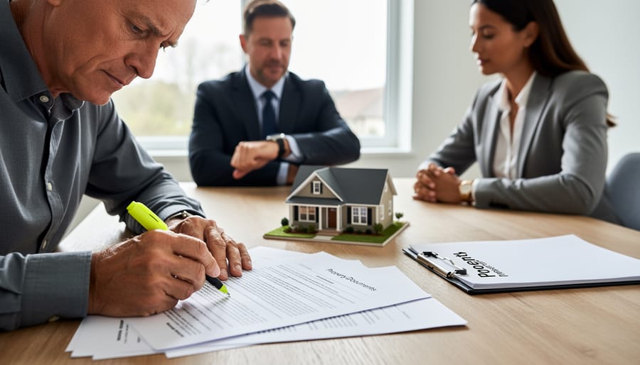Person's hands carefully reviewing or declining contract documents on desk
