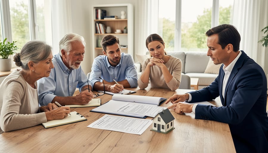 Family members gathered around table discussing inherited property documents