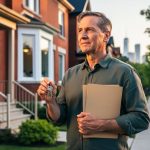 Person holding house keys and a folder on the porch of a red-brick semi-detached home in West Toronto at golden hour, with a tree-lined street and distant skyline softly blurred in the background