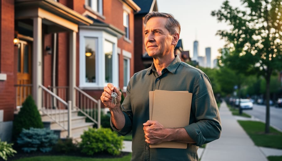 Person holding house keys and a folder on the porch of a red-brick semi-detached home in West Toronto at golden hour, with a tree-lined street and distant skyline softly blurred in the background