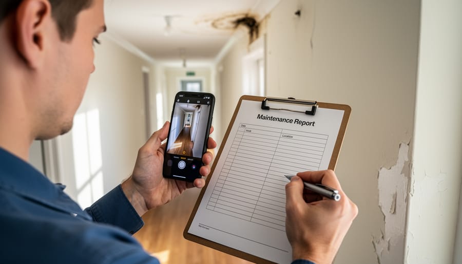Person photographing apartment water damage with smartphone for documentation