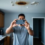 Tenant taking a smartphone photo of a water-stained, leaking apartment ceiling, with soft daylight and blurred background showing a kitchen counter with papers and envelopes.