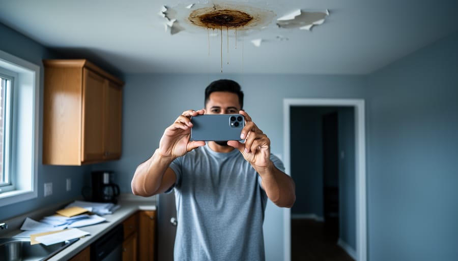 Tenant taking a smartphone photo of a water-stained, leaking apartment ceiling, with soft daylight and blurred background showing a kitchen counter with papers and envelopes.