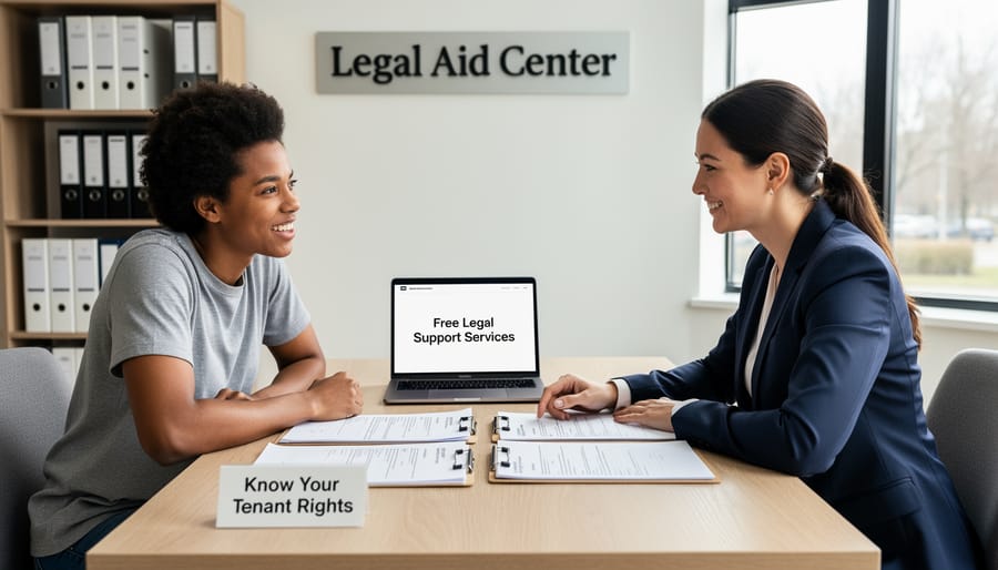 Community legal worker providing assistance to tenant reviewing documents together