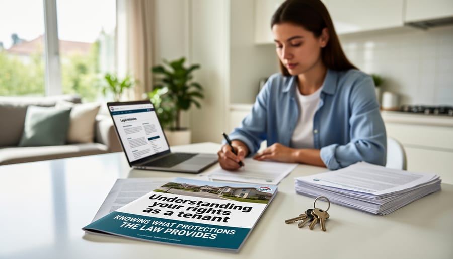 Tenant reviewing legal documents at home table with natural lighting