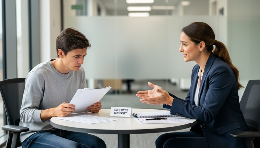 Counselor and worker reviewing employment documents at a table in a community setting.