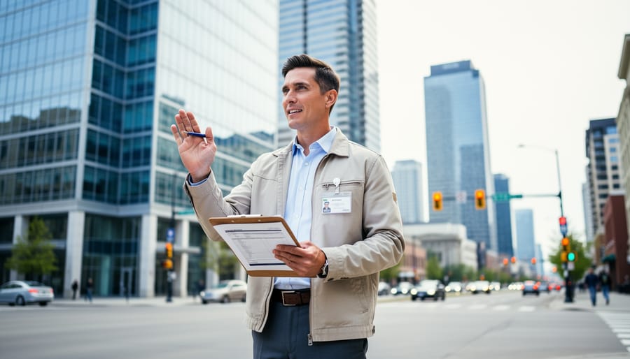 A Calgary worker holding employment-related documents outside a modern office building, representing workplace rights and access to free help.