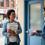 “A diverse client holding immigration documents while speaking with a legal worker outside a community outreach office in West Toronto.”