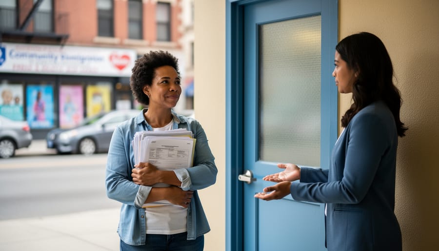 “A diverse client holding immigration documents while speaking with a legal worker outside a community outreach office in West Toronto.”
