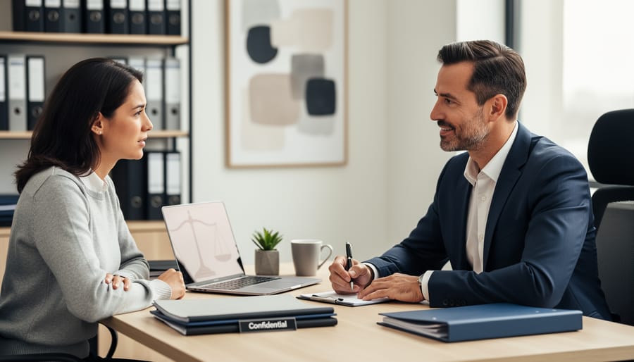 Legal worker and applicant speaking across a desk in a community office during an immigration consultation.