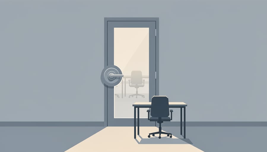 Locked office door and empty workplace environment indicating job loss or denial of access.