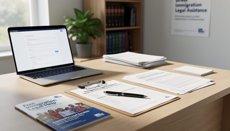 Person preparing immigration paperwork at a community legal aid office table with a phone and pen.
