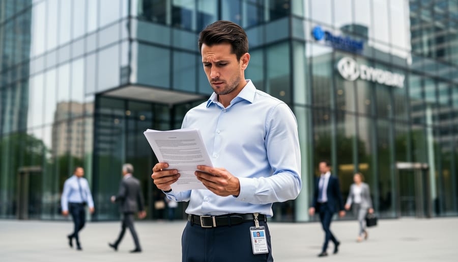 Worker holding employment-related documents outside an office building in Calgary.