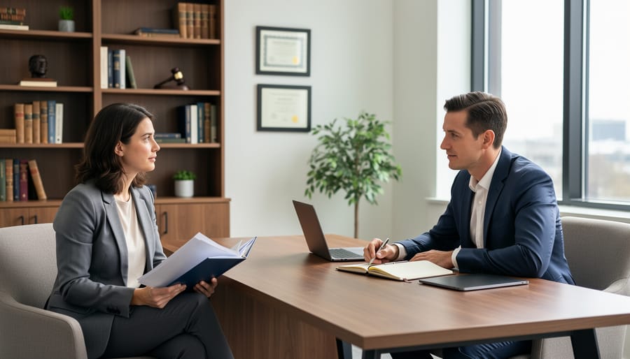 Attorney and client discussing employment concerns during a consultation in an office
