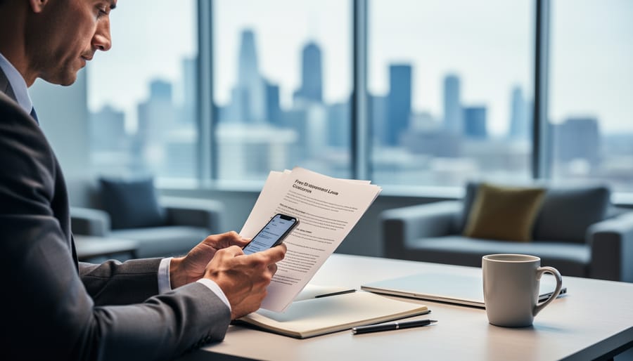 Person reviewing workplace documents at a desk and holding a phone, preparing for a free employment lawyer consultation in West Toronto.