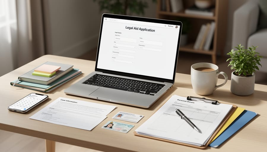Laptop and paperwork on a desk ready for completing an online legal aid application
