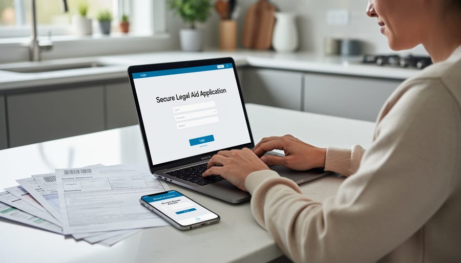 Person reviewing documents at a kitchen table while submitting an online legal aid application using a laptop and smartphone