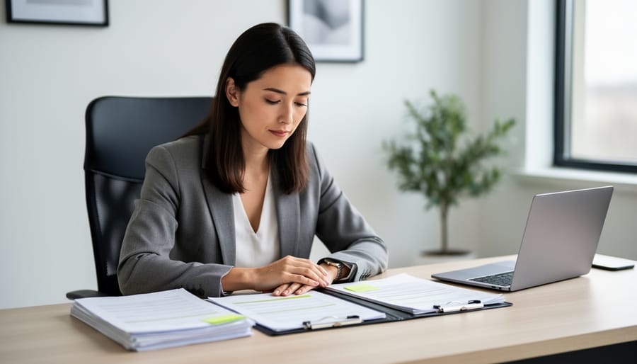 Person holding employment-related paperwork while sitting at a café table