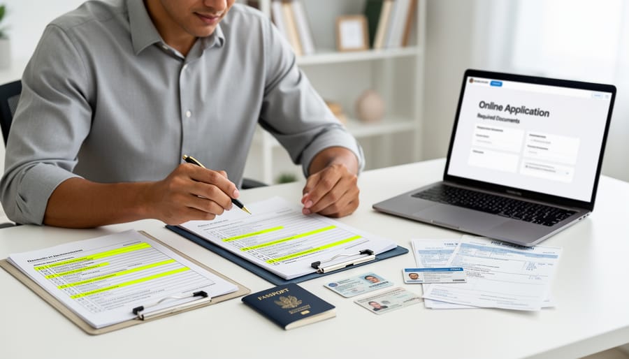 Person sorting identification and legal documents at a table before applying for legal aid online