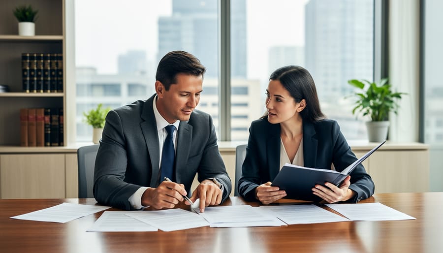 Lawyer and client reviewing documents at a table