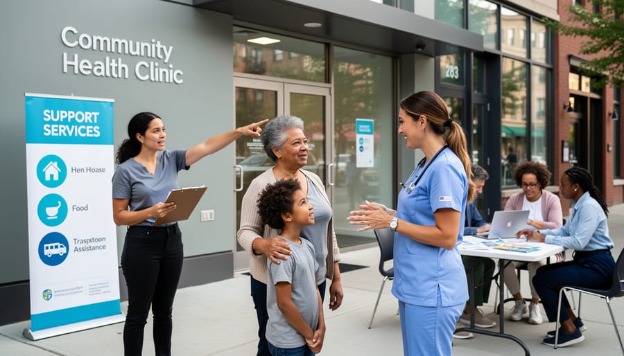 Person holding a folder with a stethoscope near a community health clinic entrance