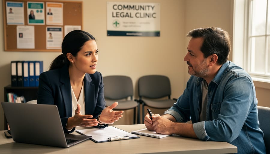 Legal assistant speaking with a client across a desk in a community legal clinic office