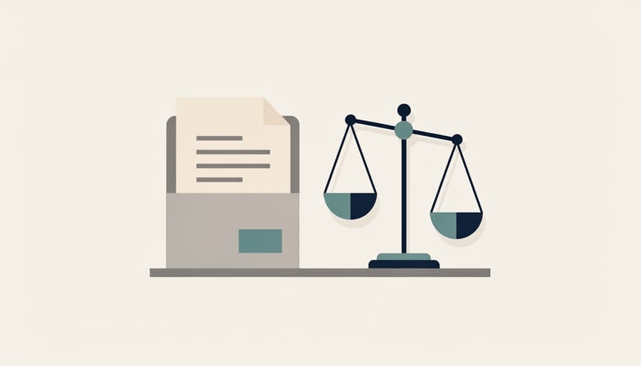 Brass legal scale and folded legal file on a desk in a courtroom setting