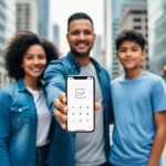 A diverse family in a Canadian urban setting with one adult holding a smartphone showing a calculator icon, symbolizing understanding the CRS score for Express Entry.