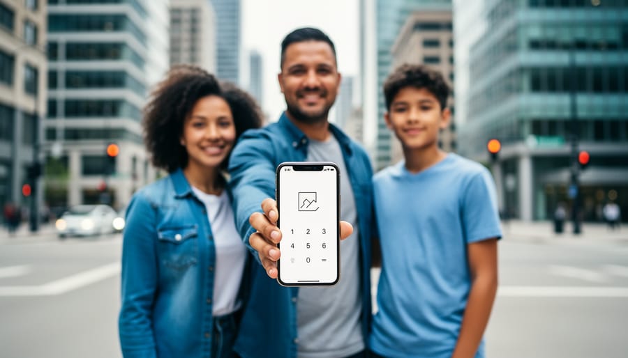 A diverse family in a Canadian urban setting with one adult holding a smartphone showing a calculator icon, symbolizing understanding the CRS score for Express Entry.