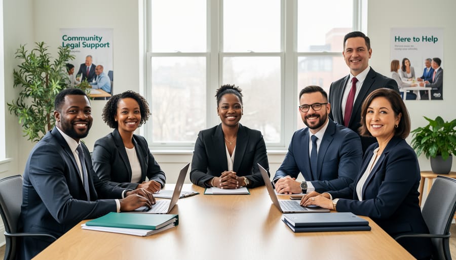 Diverse legal team standing together in a bright community office