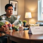“A renter holding grocery bags in a modest apartment living room, with a softly lit lamp and an out-of-focus notice envelope in the background, representing emergency financial support needs.”
