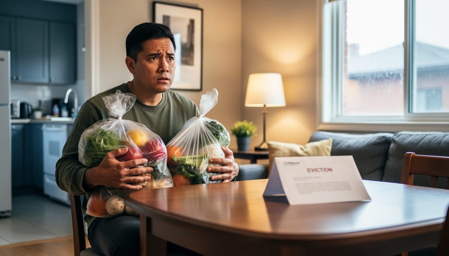 “A renter holding grocery bags in a modest apartment living room, with a softly lit lamp and an out-of-focus notice envelope in the background, representing emergency financial support needs.”