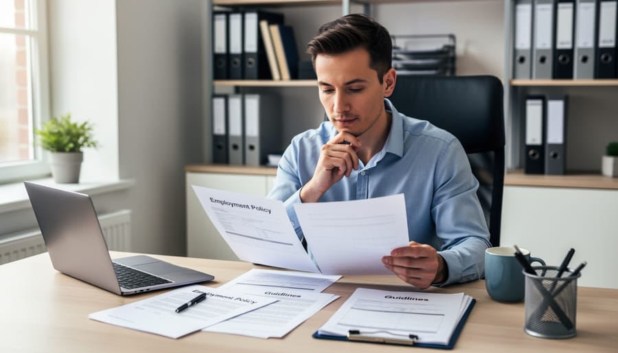 Small business owner reviewing employment-related documents on a desk with a laptop in a bright office.