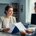 “A legal assistant meets with a client in a community legal clinic, reviewing papers at a desk in a supportive, professional setting.”