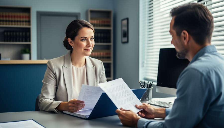 “A legal assistant meets with a client in a community legal clinic, reviewing papers at a desk in a supportive, professional setting.”