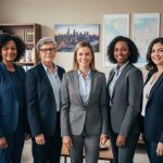“Diverse group of legal advocates standing together in a welcoming community office setting.”