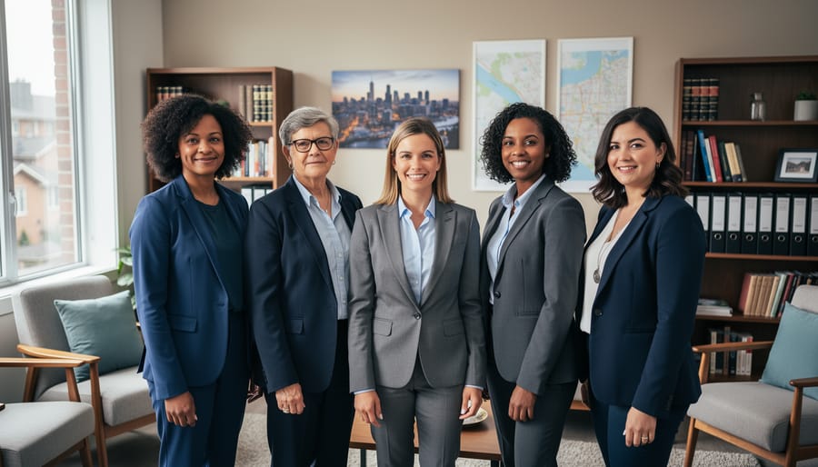 “Diverse group of legal advocates standing together in a welcoming community office setting.”