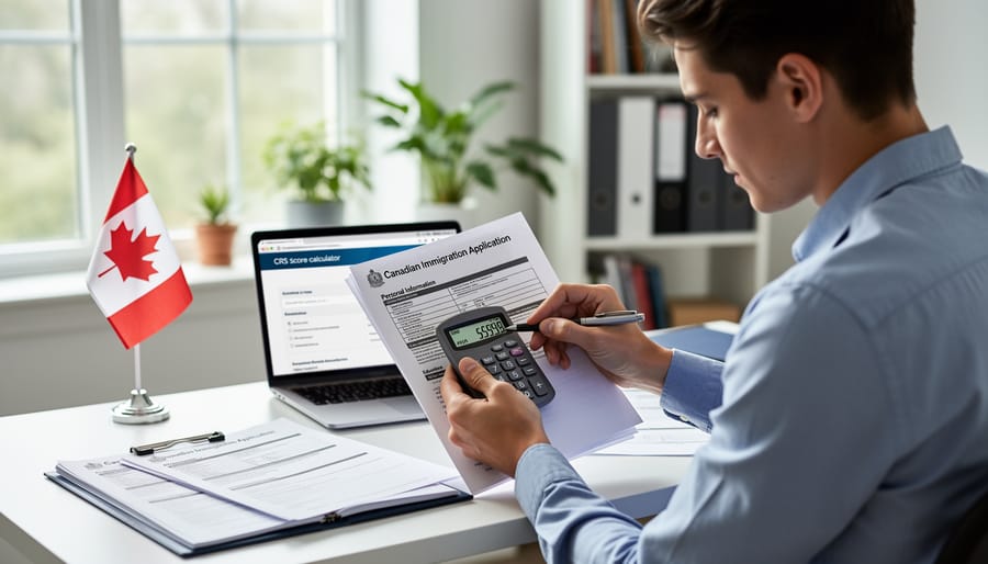 Hands holding Canadian passport and immigration documents beside a phone with a generic calculator screen