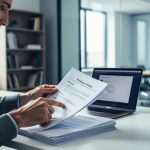 “Small business owner reviewing employment-related workplace documents at a desk in a modern office with a laptop nearby.”