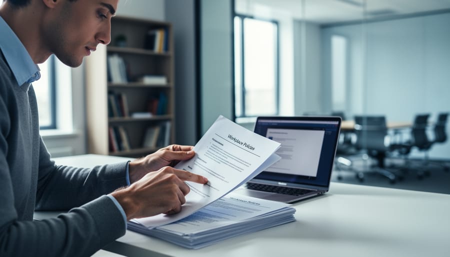“Small business owner reviewing employment-related workplace documents at a desk in a modern office with a laptop nearby.”