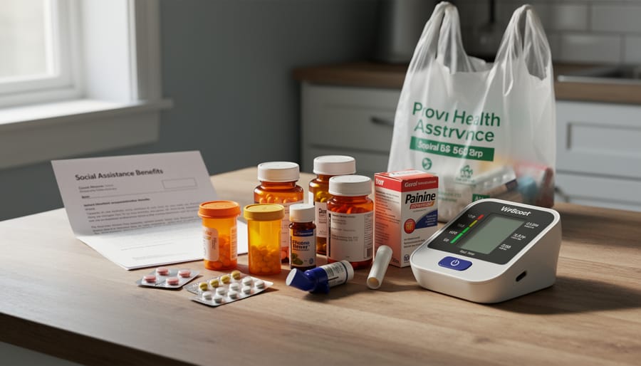 Prescription medication bottles and receipt on a kitchen table with soft morning light