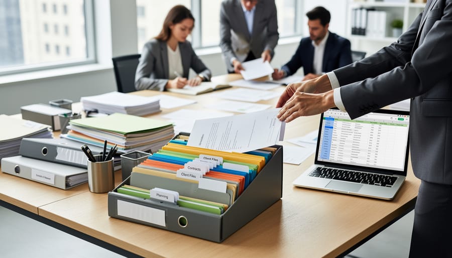 Close-up of a legal assistant’s hands organizing legal documents on a desk in a clinic office