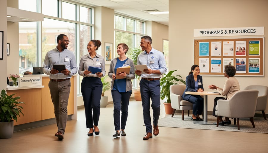 Legal support team walking together through a community center hallway with a binder folder